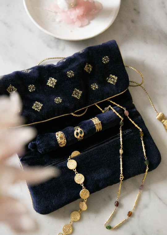 Dark blue velvet jewelry bag